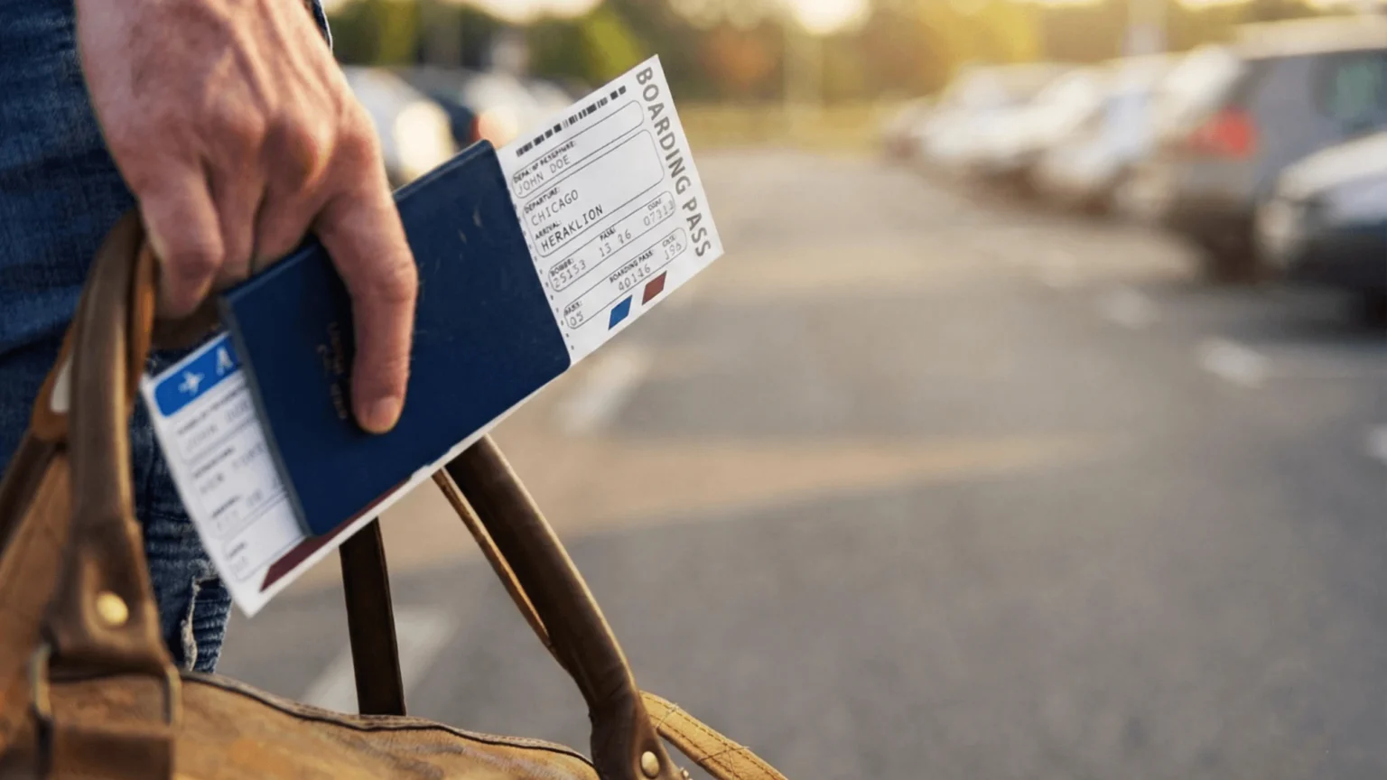 Ταξιδιώτης κρατάει διαβατήριο και κάρτα επιβίβασης για ενοικίαση αυτοκινήτου αεροδρόμιο Ηράκλειο στο πάρκινγκ.